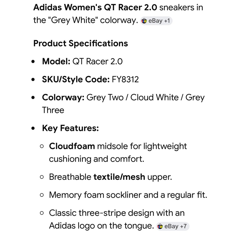 Adidas QT Racer 2.0 Women 8 Grey White Running Shoes FY8312 Cloudfoam Sneakers - Picture 4 of 15
